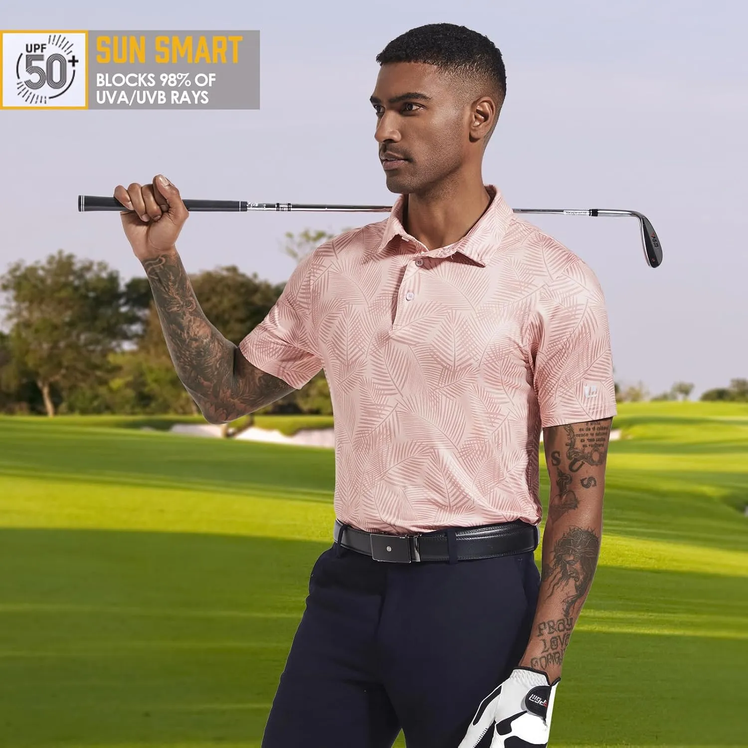 Golf Shirts for Men Dry Fit Performance Short Sleeve Print Moisture Wicking Polo Shirt
