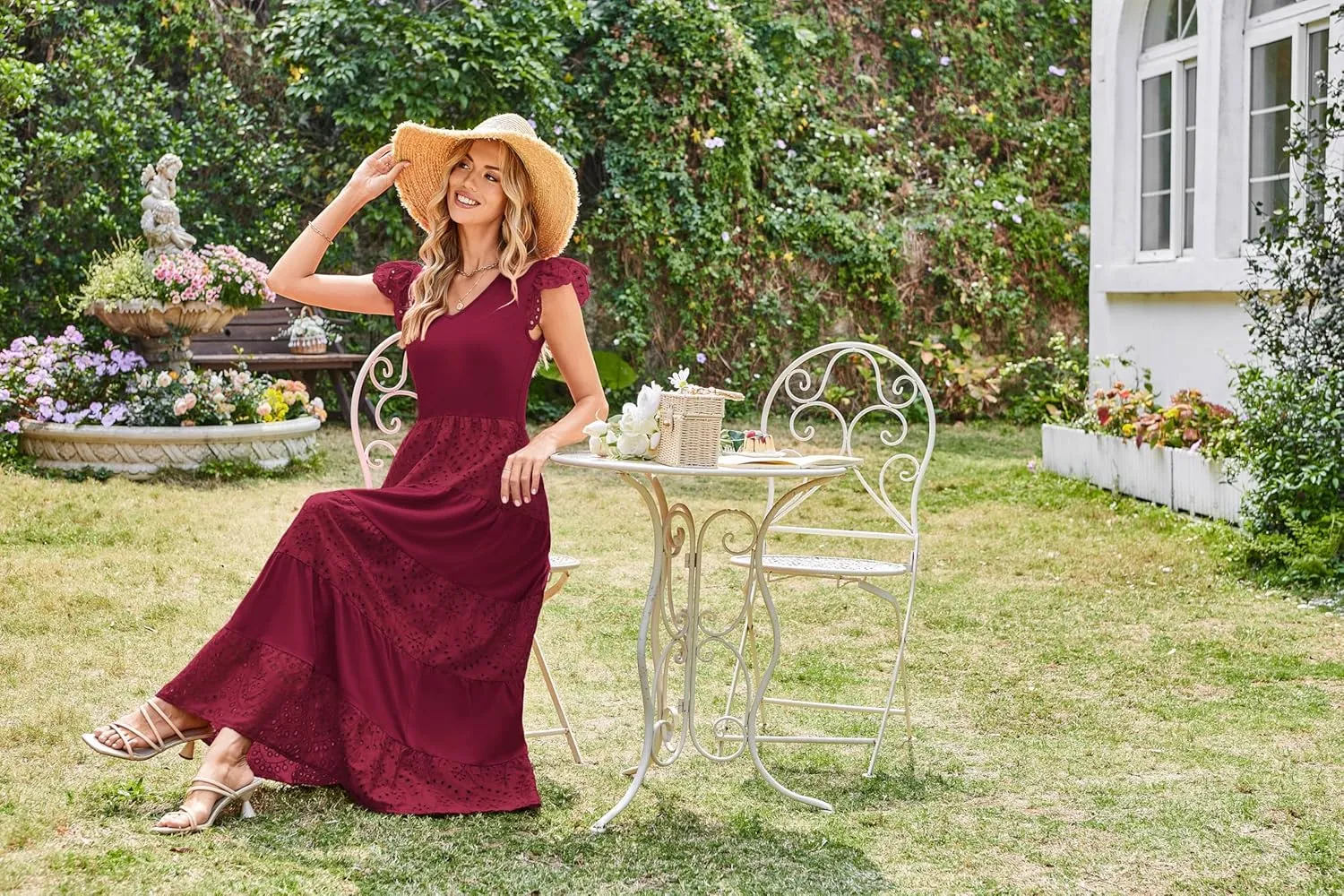 GRACE KARIN Women Summer Maxi Dresses Casual V Neck Ruffle Sleeve Lace Eyelet Tiered A Line Flowy Sundress with Pockets