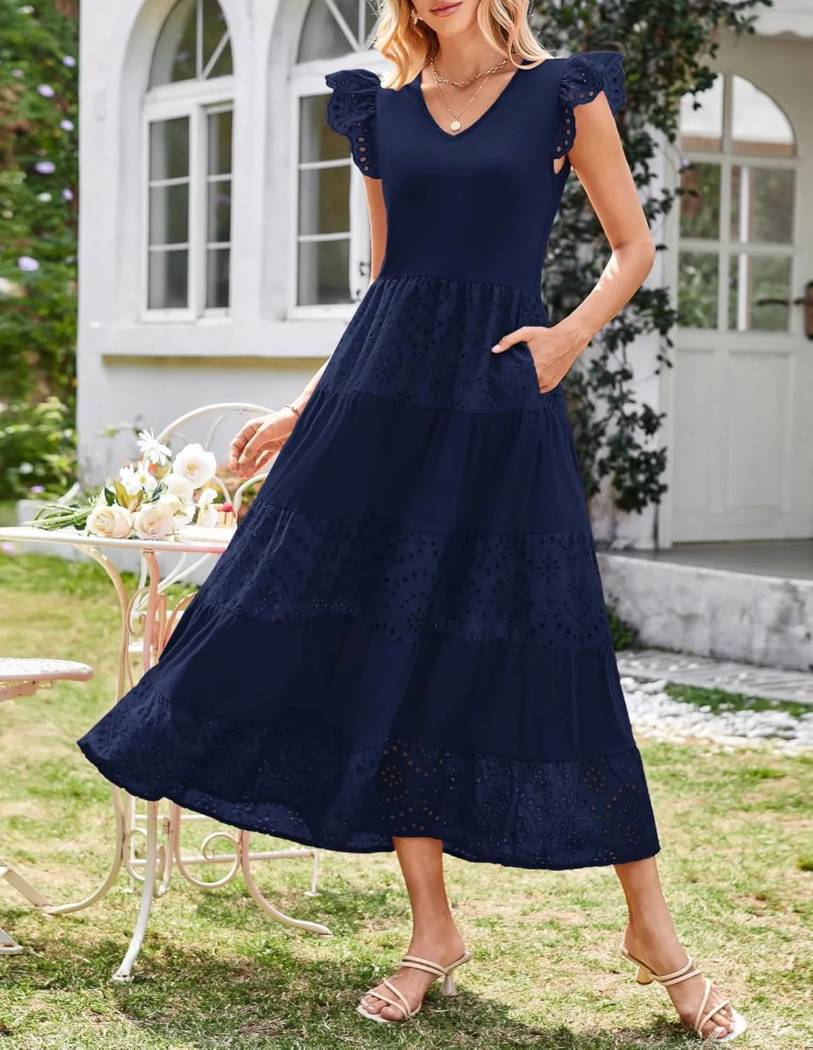 GRACE KARIN Women Summer Maxi Dresses Casual V Neck Ruffle Sleeve Lace Eyelet Tiered A Line Flowy Sundress with Pockets