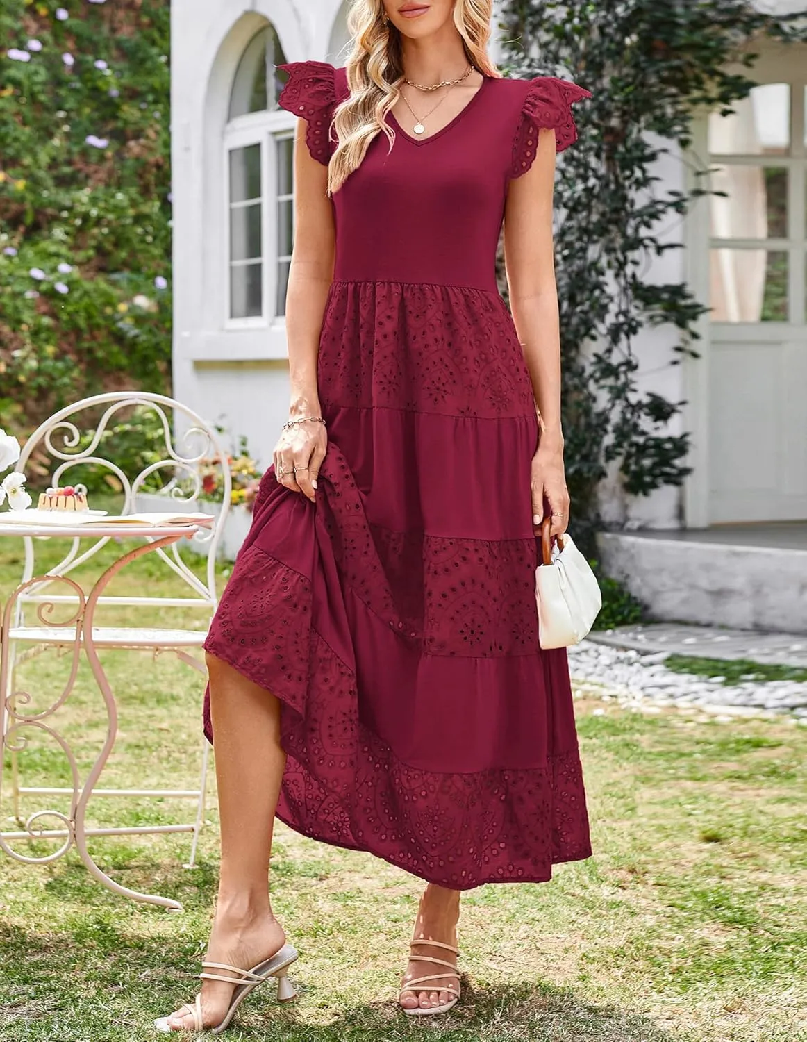 GRACE KARIN Women Summer Maxi Dresses Casual V Neck Ruffle Sleeve Lace Eyelet Tiered A Line Flowy Sundress with Pockets