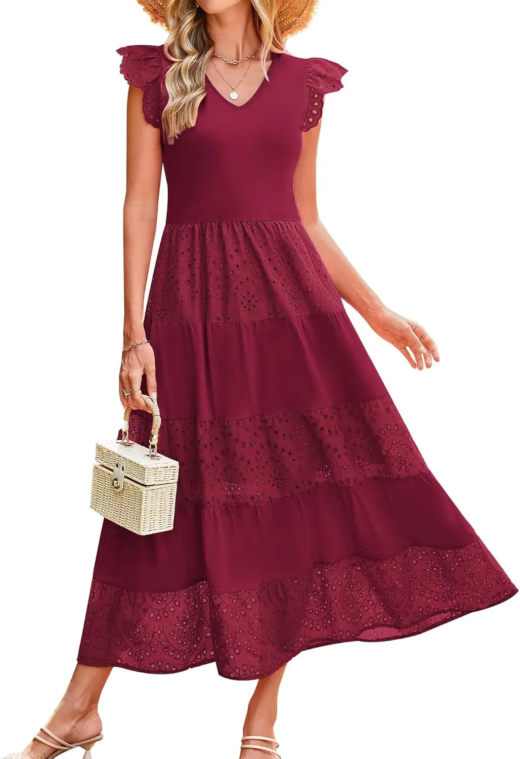 GRACE KARIN Women Summer Maxi Dresses Casual V Neck Ruffle Sleeve Lace Eyelet Tiered A Line Flowy Sundress with Pockets