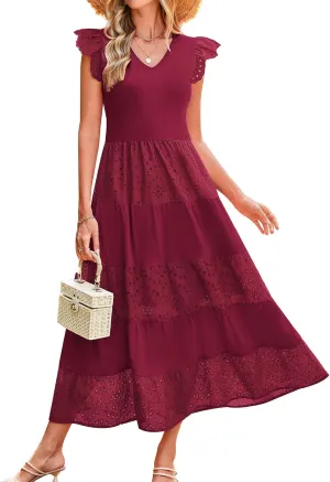 GRACE KARIN Women Summer Maxi Dresses Casual V Neck Ruffle Sleeve Lace Eyelet Tiered A Line Flowy Sundress with Pockets