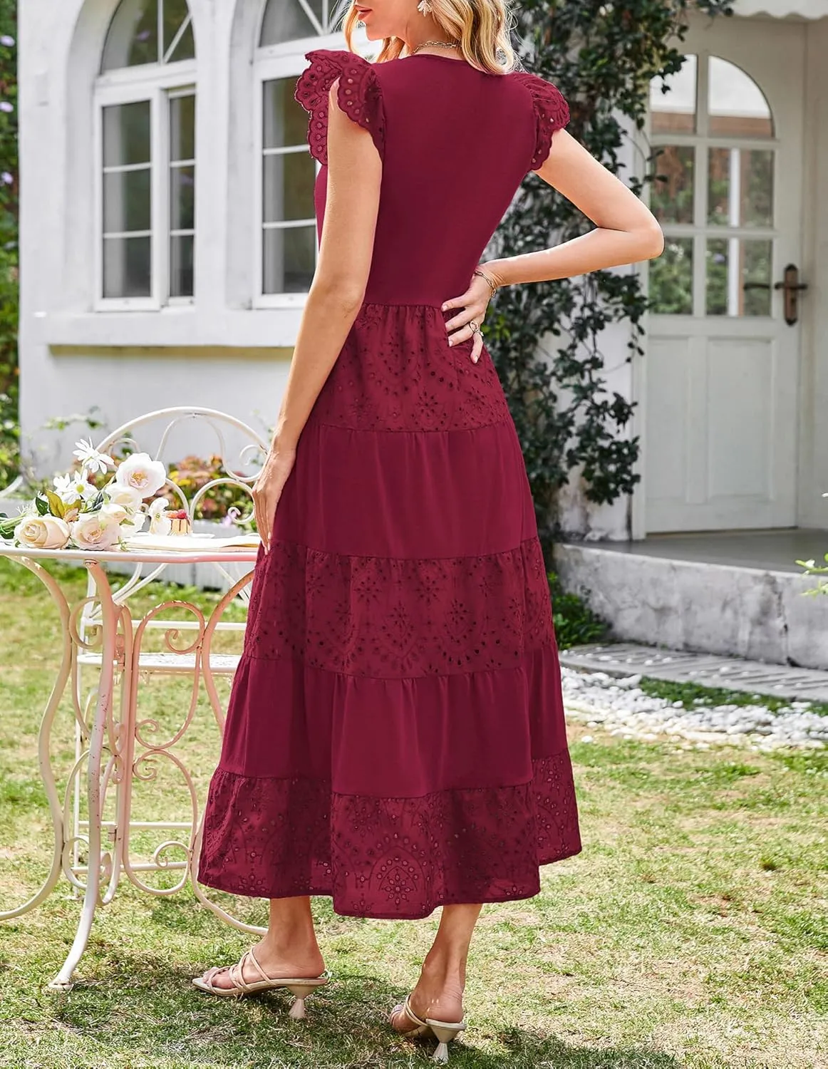 GRACE KARIN Women Summer Maxi Dresses Casual V Neck Ruffle Sleeve Lace Eyelet Tiered A Line Flowy Sundress with Pockets