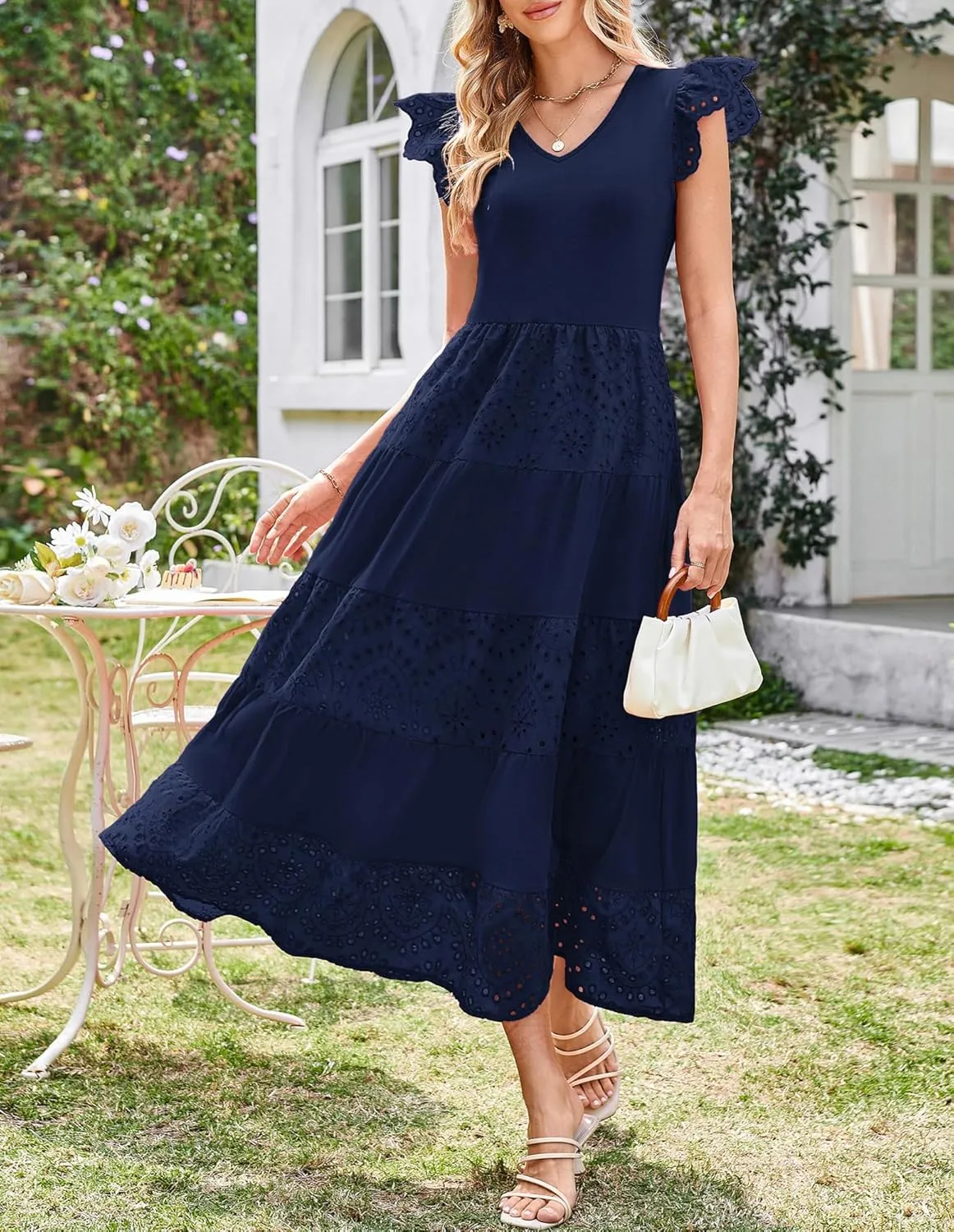 GRACE KARIN Women Summer Maxi Dresses Casual V Neck Ruffle Sleeve Lace Eyelet Tiered A Line Flowy Sundress with Pockets