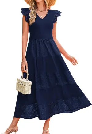 GRACE KARIN Women Summer Maxi Dresses Casual V Neck Ruffle Sleeve Lace Eyelet Tiered A Line Flowy Sundress with Pockets