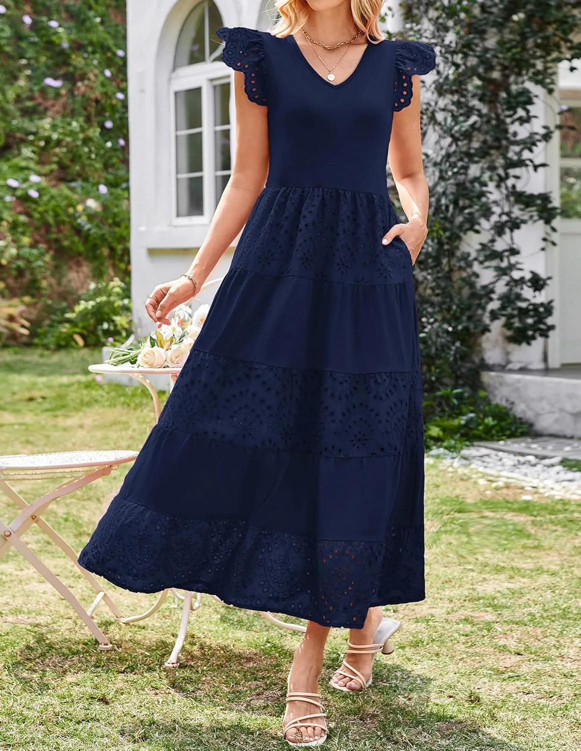 GRACE KARIN Women Summer Maxi Dresses Casual V Neck Ruffle Sleeve Lace Eyelet Tiered A Line Flowy Sundress with Pockets