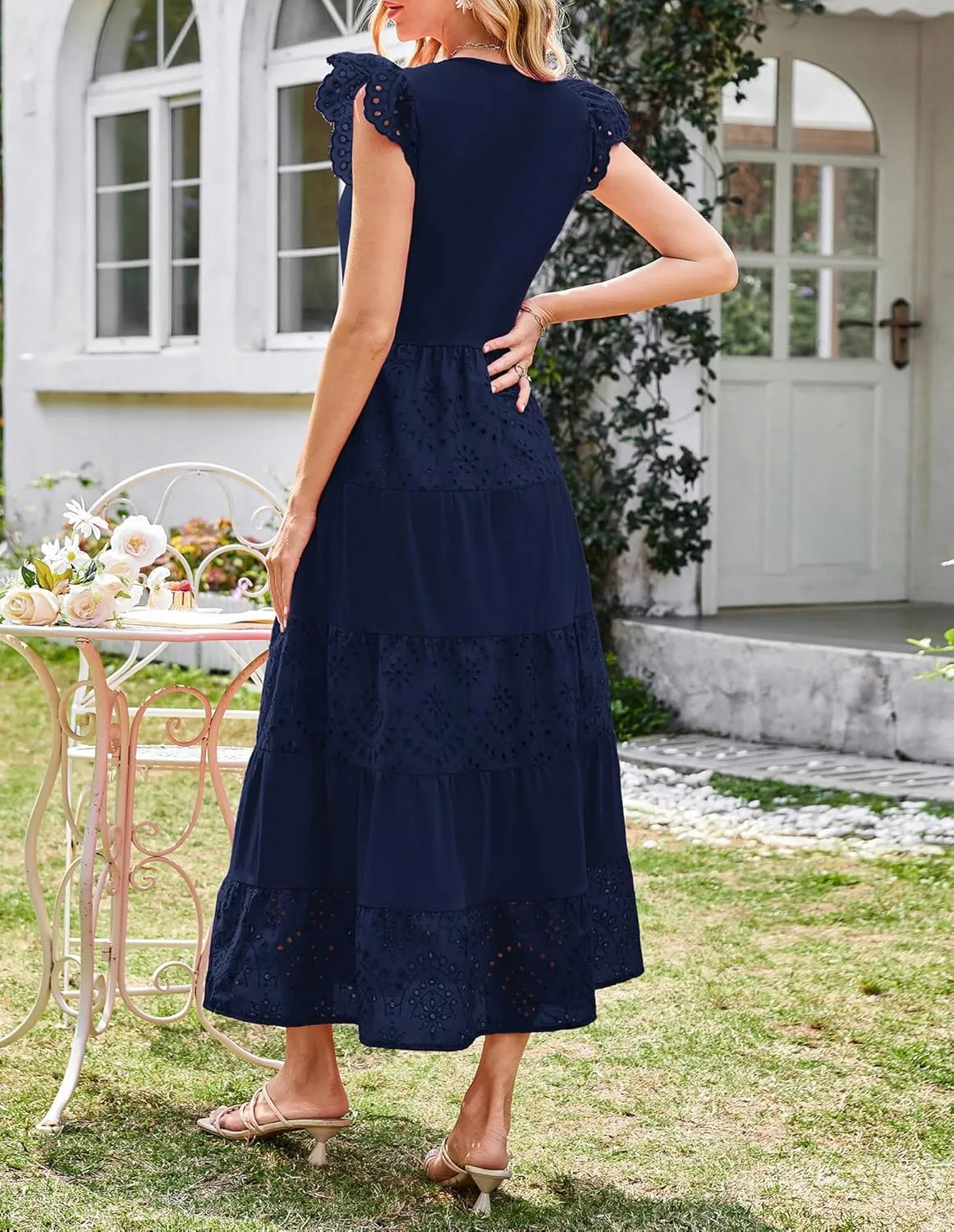 GRACE KARIN Women Summer Maxi Dresses Casual V Neck Ruffle Sleeve Lace Eyelet Tiered A Line Flowy Sundress with Pockets