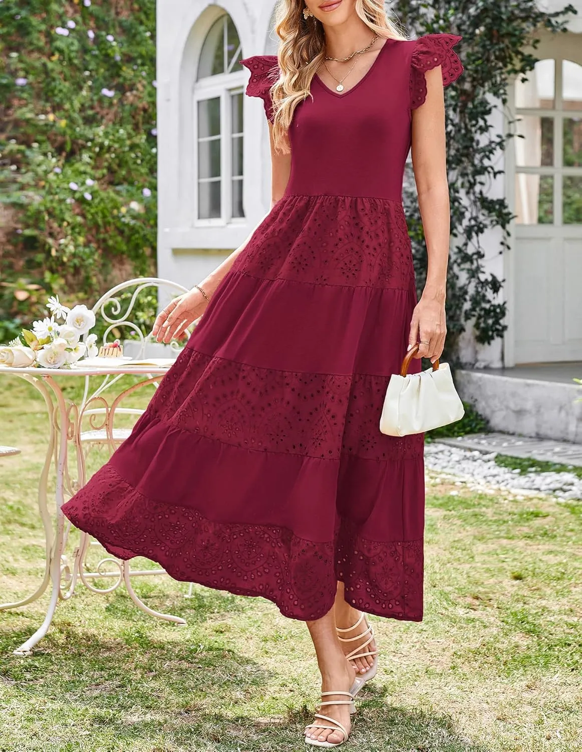 GRACE KARIN Women Summer Maxi Dresses Casual V Neck Ruffle Sleeve Lace Eyelet Tiered A Line Flowy Sundress with Pockets