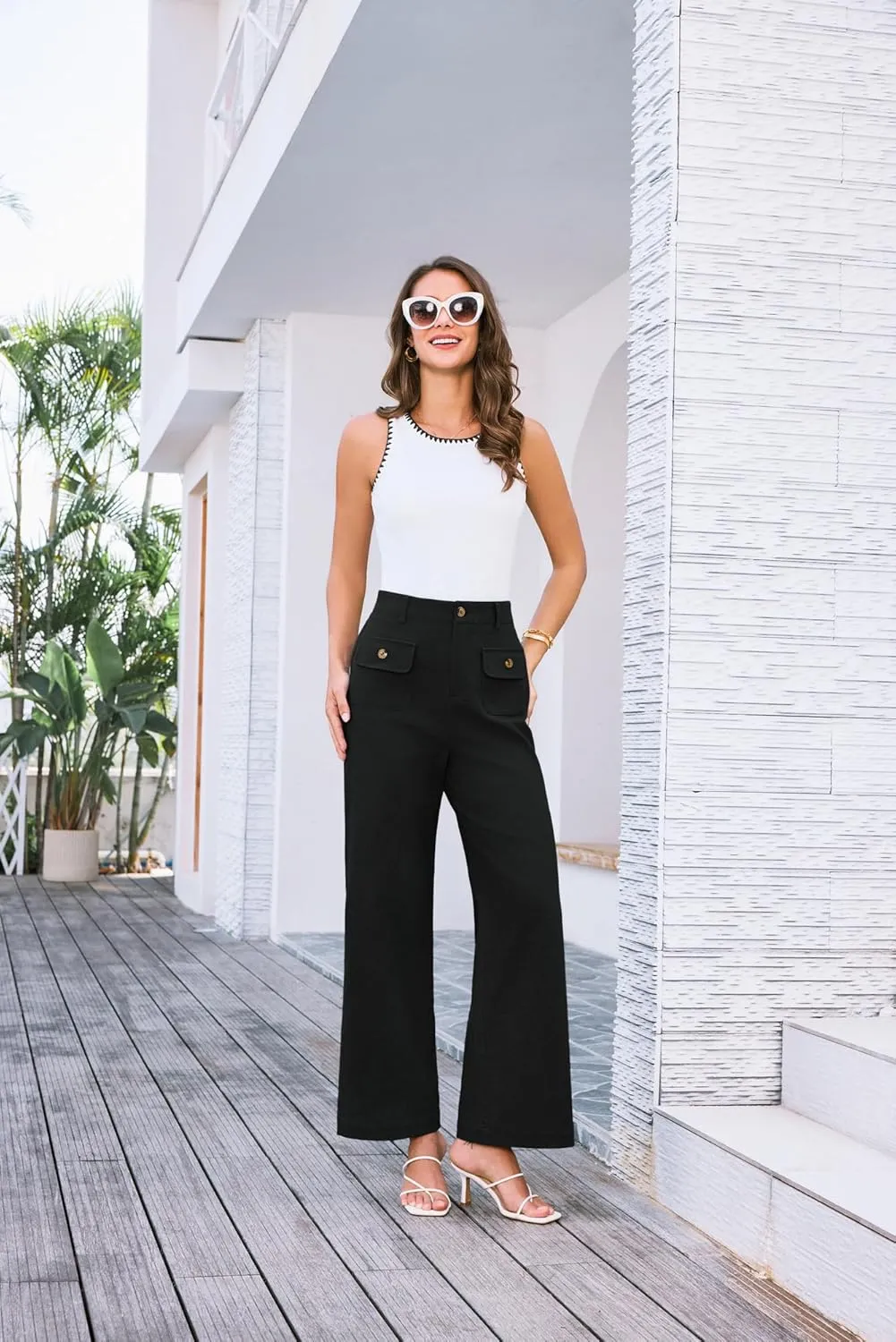 GRACE KARIN Women Wide Leg Pants High Waist Stretchy Pants Dressy Business Work Casual Trousers with Pockets