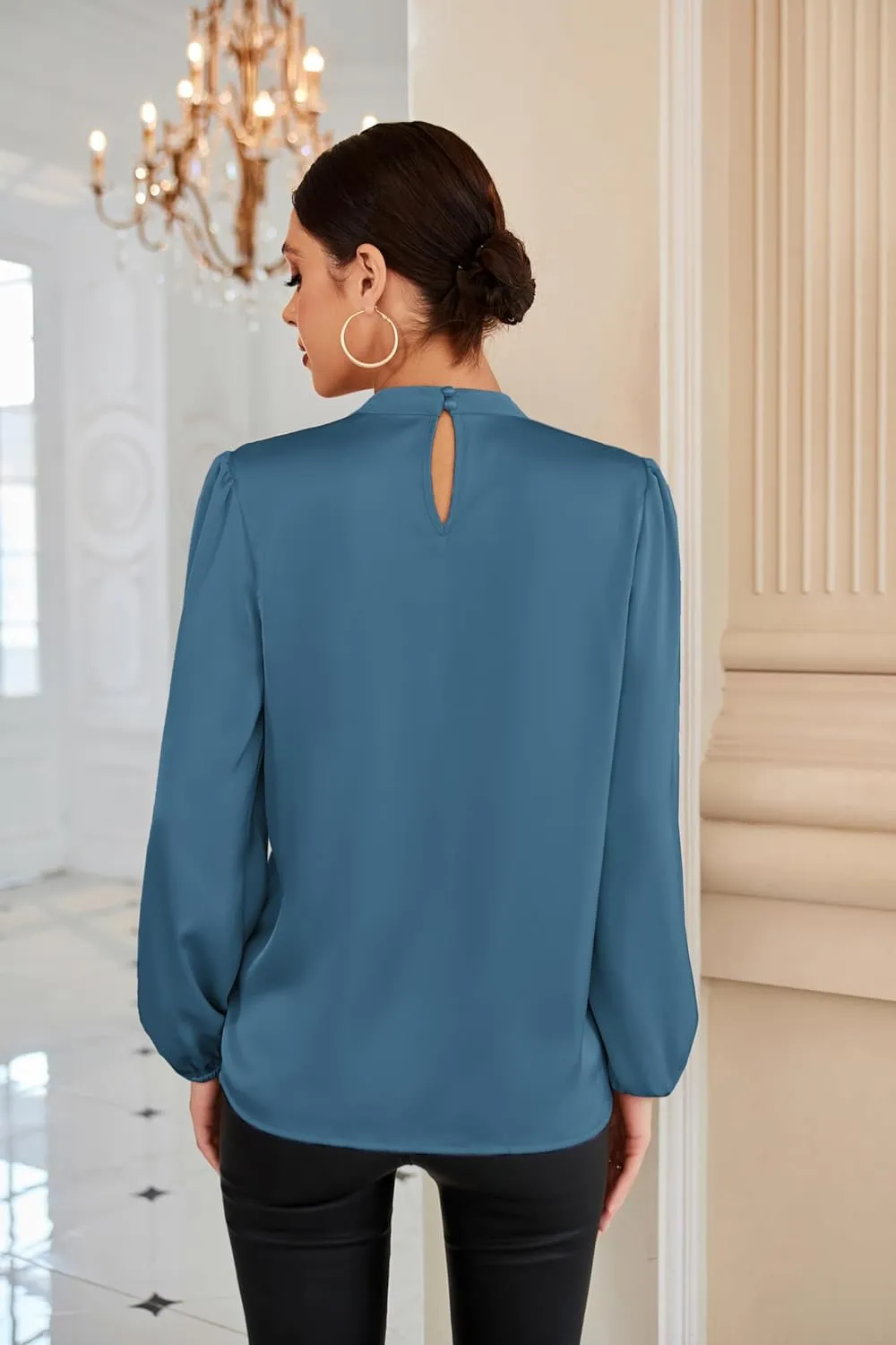 GRACE KARIN Women's Long Sleeve Shirts Mock Neck Casual Satin Blouse Tops for Business Office Work