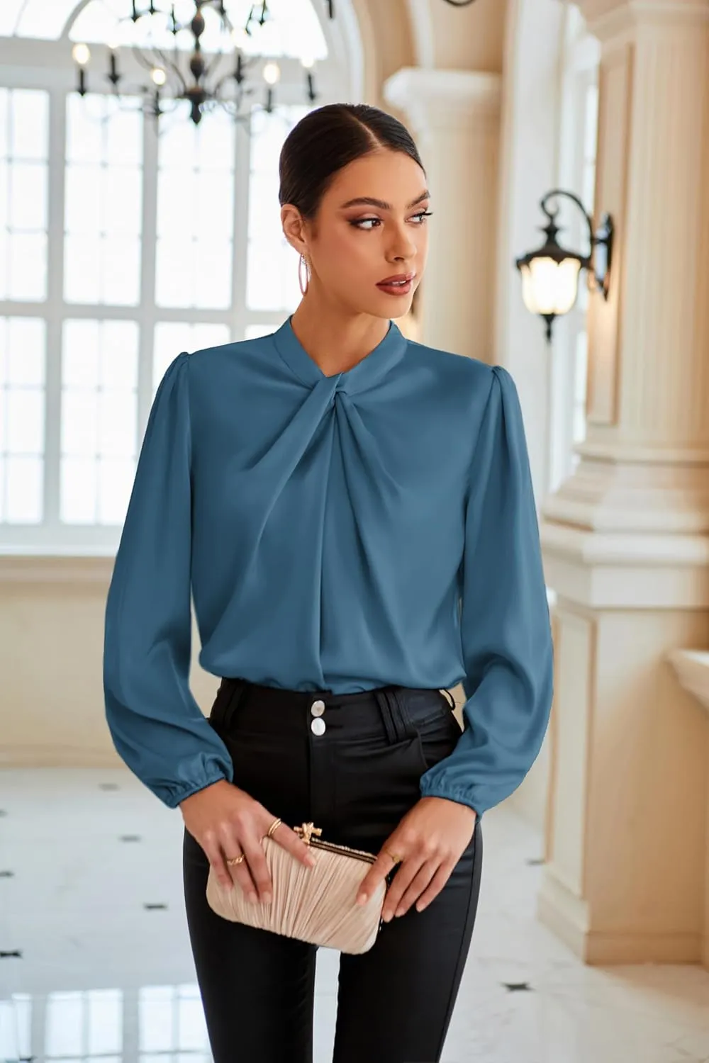 GRACE KARIN Women's Long Sleeve Shirts Mock Neck Casual Satin Blouse Tops for Business Office Work