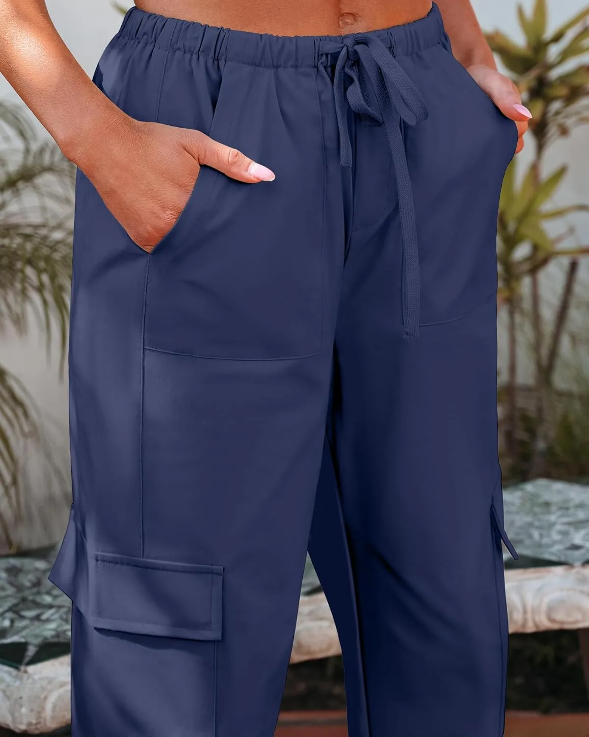 GRAPENT Wide Leg Pants Woman Cargo High Waisted Cotton Pull On Elastic Waist Drawstring Baggy Cinch Hem Joggers Pants