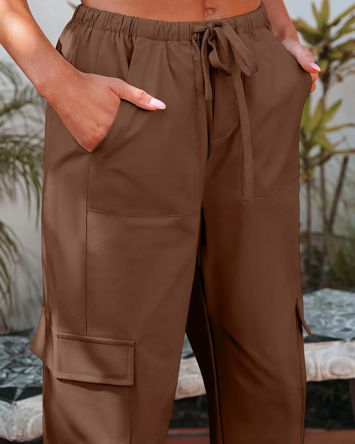 GRAPENT Wide Leg Pants Woman Cargo High Waisted Cotton Pull On Elastic Waist Drawstring Baggy Cinch Hem Joggers Pants