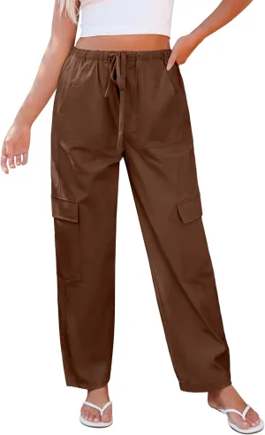 GRAPENT Wide Leg Pants Woman Cargo High Waisted Cotton Pull On Elastic Waist Drawstring Baggy Cinch Hem Joggers Pants