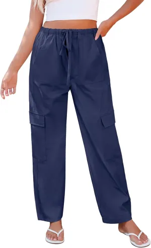 GRAPENT Wide Leg Pants Woman Cargo High Waisted Cotton Pull On Elastic Waist Drawstring Baggy Cinch Hem Joggers Pants