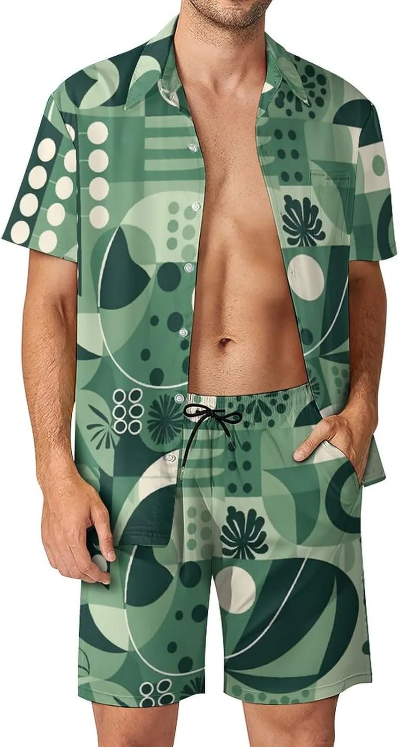 Green And Gray Mens Swimsuit 2 Pieces Set Quick Dry Shorts Shirts Summer Button Down Short Sleeve Set
