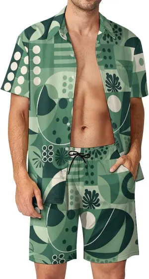 Green And Gray Mens Swimsuit 2 Pieces Set Quick Dry Shorts Shirts Summer Button Down Short Sleeve Set