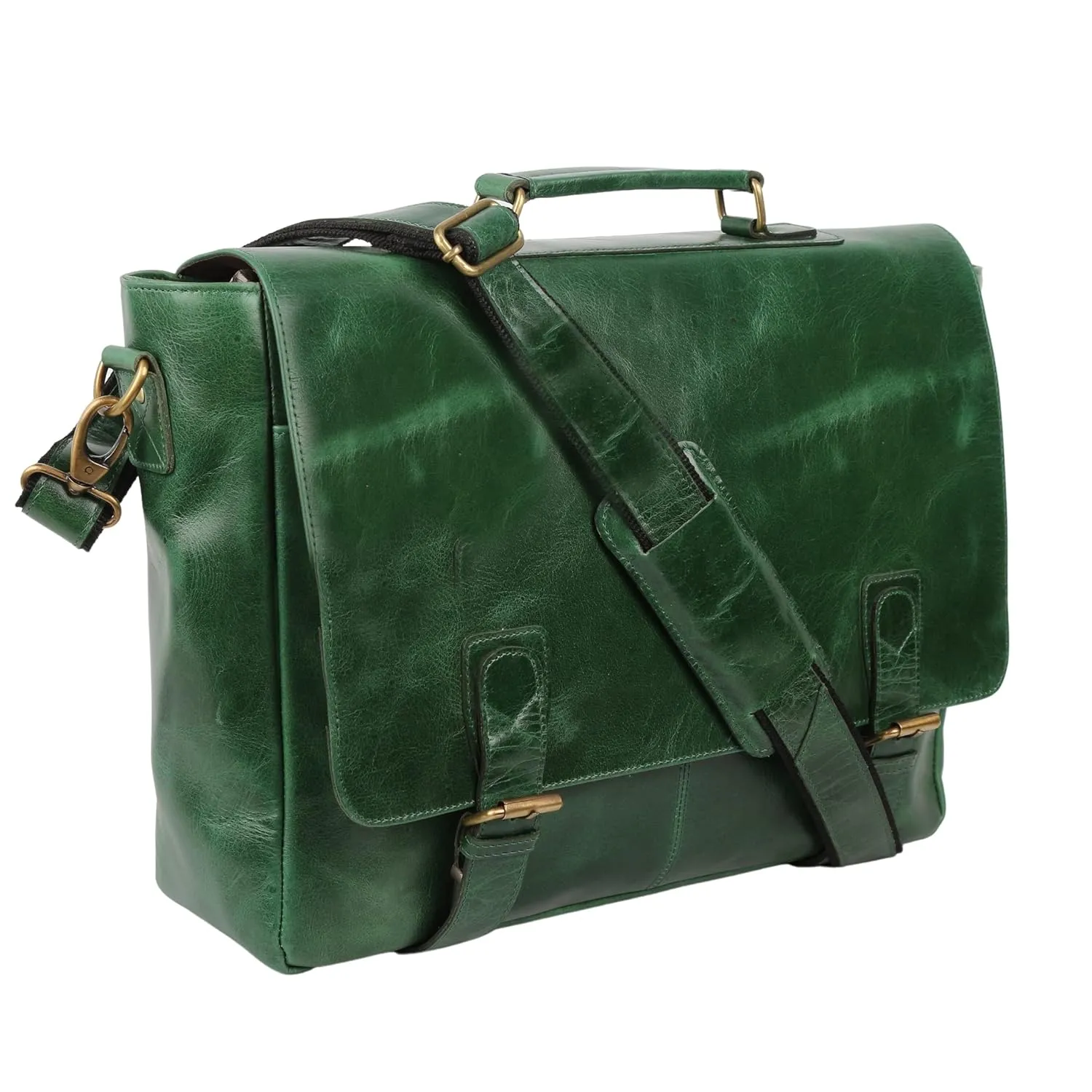 Green Leather Laptop Messenger Bag Briefcase (Large 16 inch, Green)