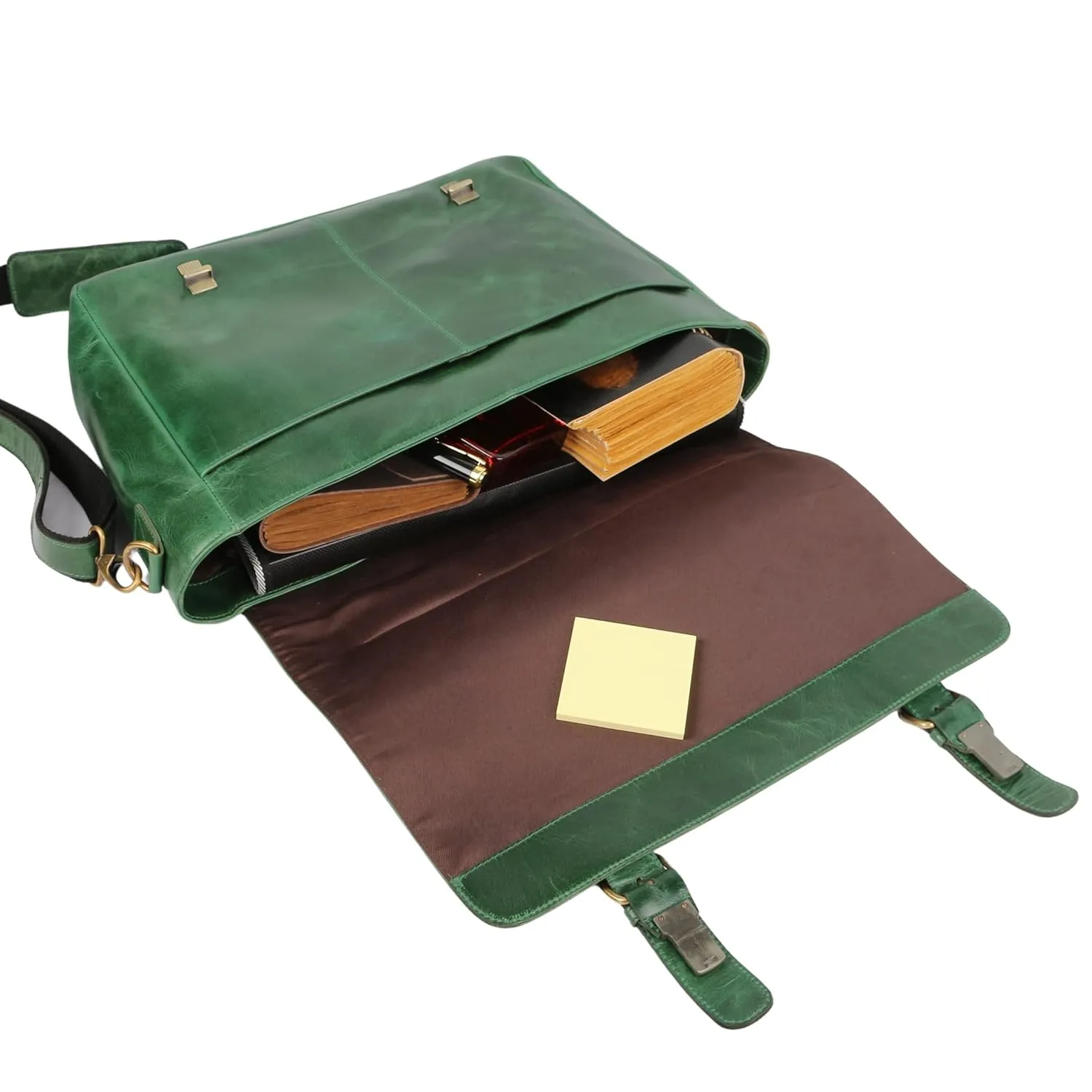 Green Leather Laptop Messenger Bag Briefcase (Large 16 inch, Green)