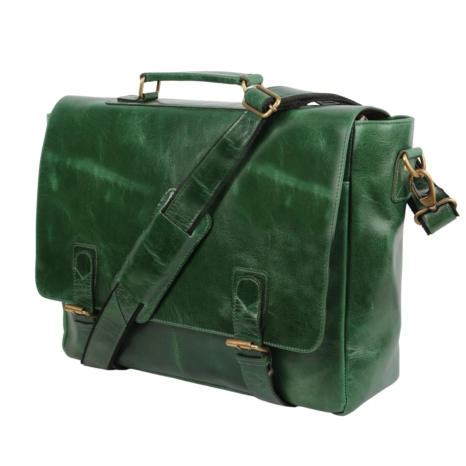 Green Leather Laptop Messenger Bag Briefcase (Large 16 inch, Green)