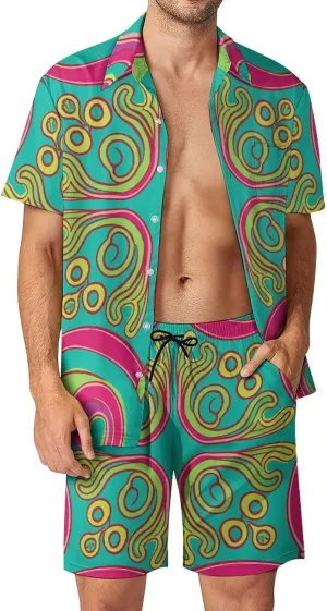 Green Line Art Mens Swimsuit 2 Pieces Set Quick Dry Shorts Shirts Summer Button Down Short Sleeve Set