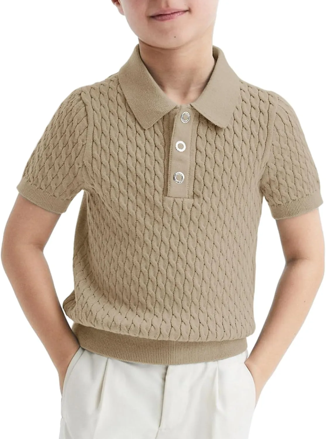 Haloumoning Boys Cable Knit Polo Shirt Kids Short Sleeve Sweater Fashion Pullover Tops Clothes 5-14 Years