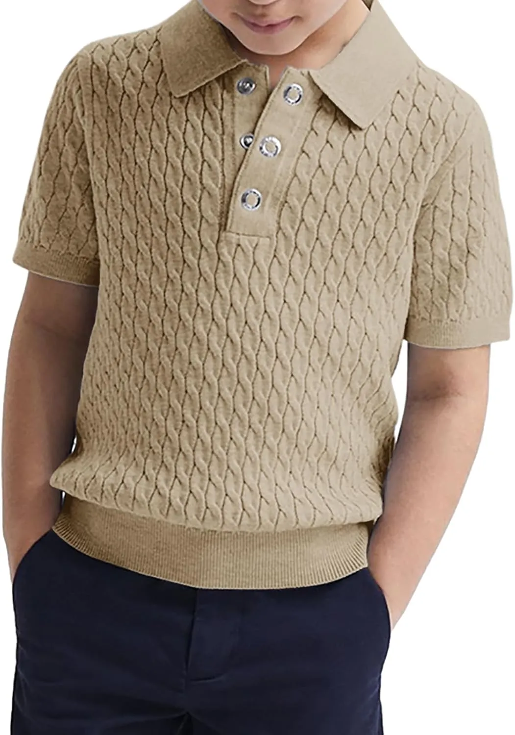 Haloumoning Boys Cable Knit Polo Shirt Kids Short Sleeve Sweater Fashion Pullover Tops Clothes 5-14 Years