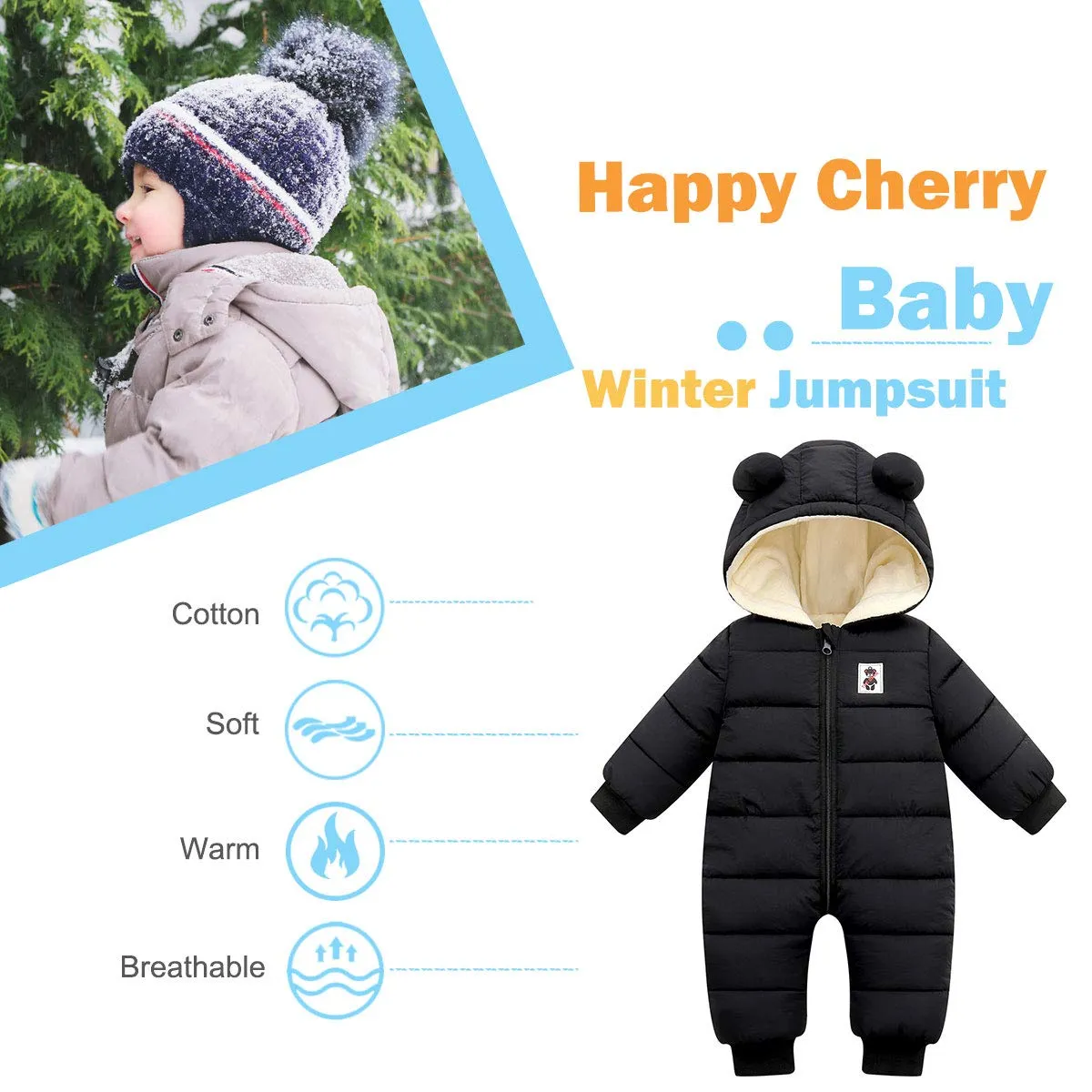 Happy Cherry Baby Hooded Puffer Jacket Jumpsuit Long Sleeve Romper Winter Snowsuit Coat Zipper One-Piece Outwear Down Coats 18-24 Months Black