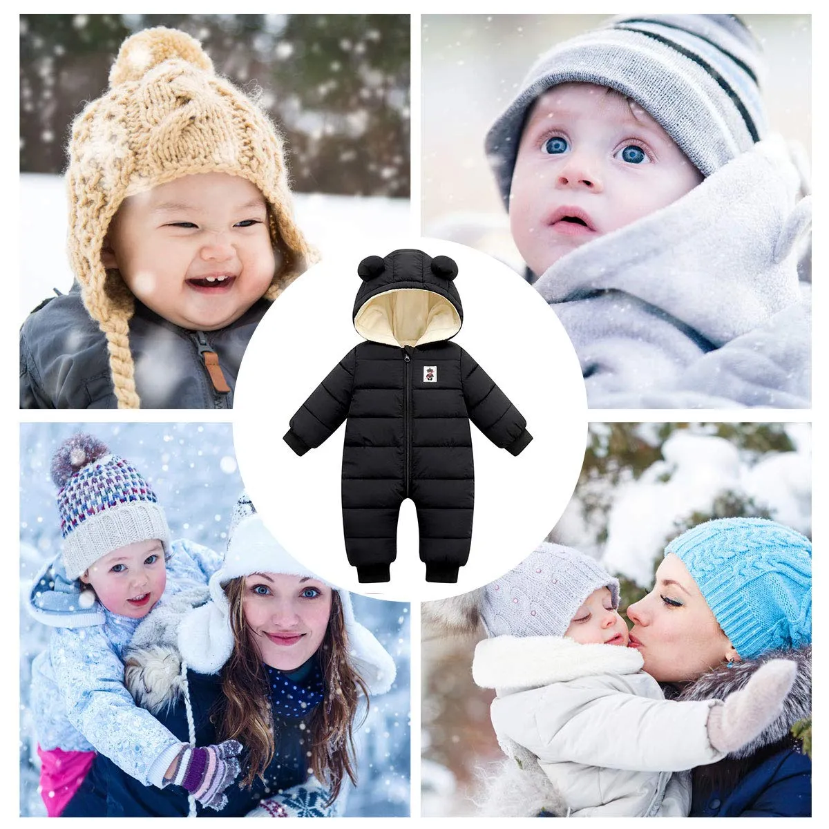Happy Cherry Baby Hooded Puffer Jacket Jumpsuit Long Sleeve Romper Winter Snowsuit Coat Zipper One-Piece Outwear Down Coats 18-24 Months Black