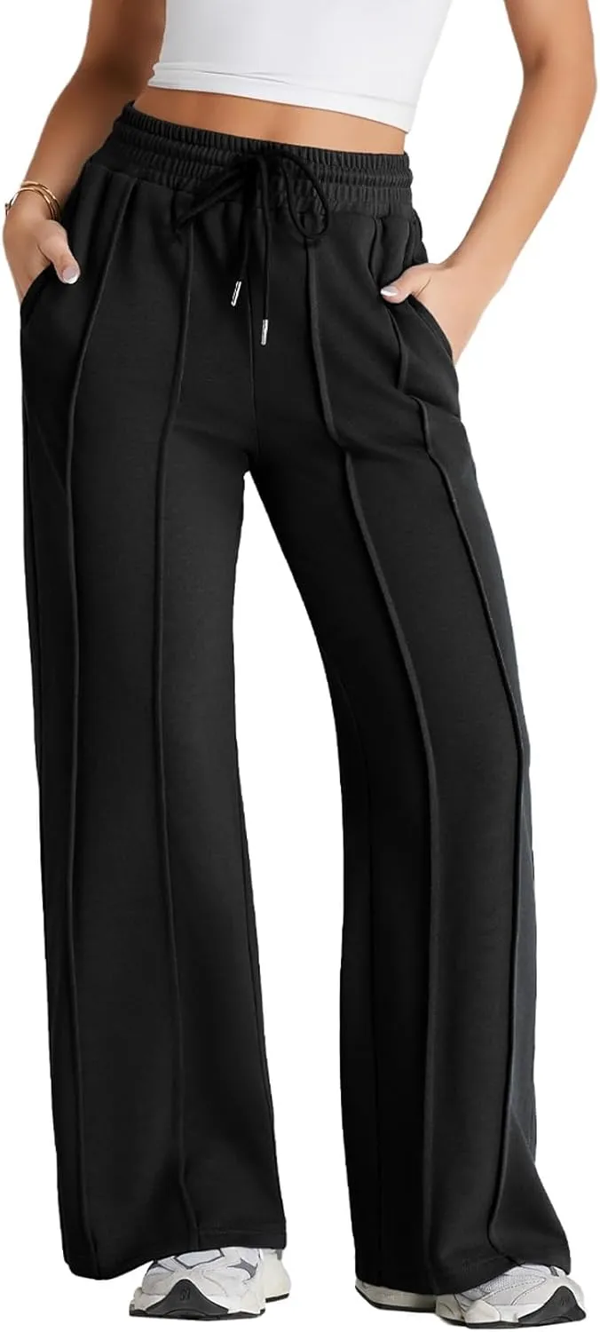 Herseas High Waisted Sweatpants for Women Elastic Elevated Seams Wide Leg Drawstring Loose Long Pants with Pockets