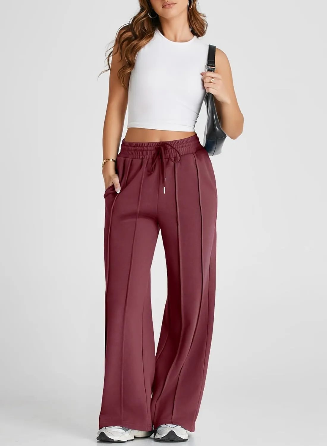 Herseas High Waisted Sweatpants for Women Elastic Elevated Seams Wide Leg Drawstring Loose Long Pants with Pockets