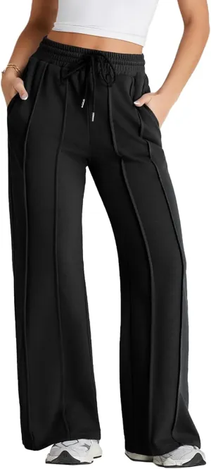 Herseas High Waisted Sweatpants for Women Elastic Elevated Seams Wide Leg Drawstring Loose Long Pants with Pockets