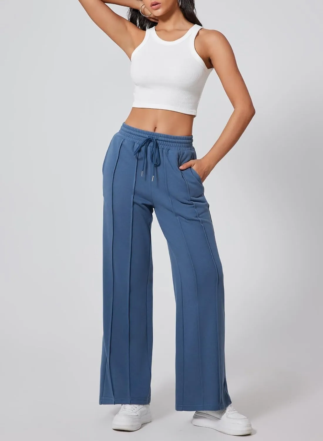 Herseas High Waisted Sweatpants for Women Elastic Elevated Seams Wide Leg Drawstring Loose Long Pants with Pockets