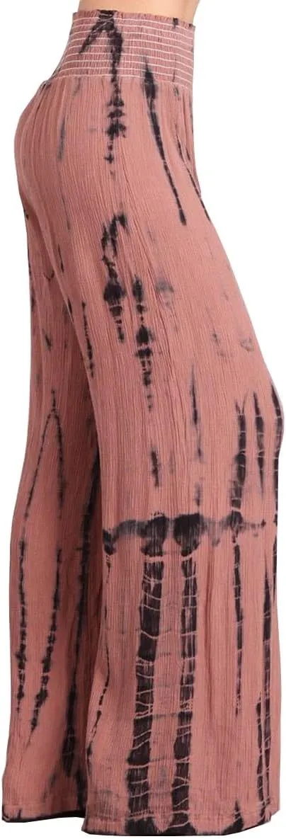 HEYHUN Womens Palazzo Pants Tie Dye Boho Gauze Casual & Lounge Wide Leg Bottoms S-XL