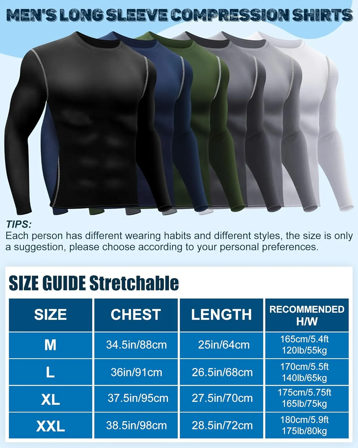 Hicarer 6 Pack Men's Athletic Compression Shirts Long Sleeve Workout Running Undershirt Thermal Sport Base Layer Top