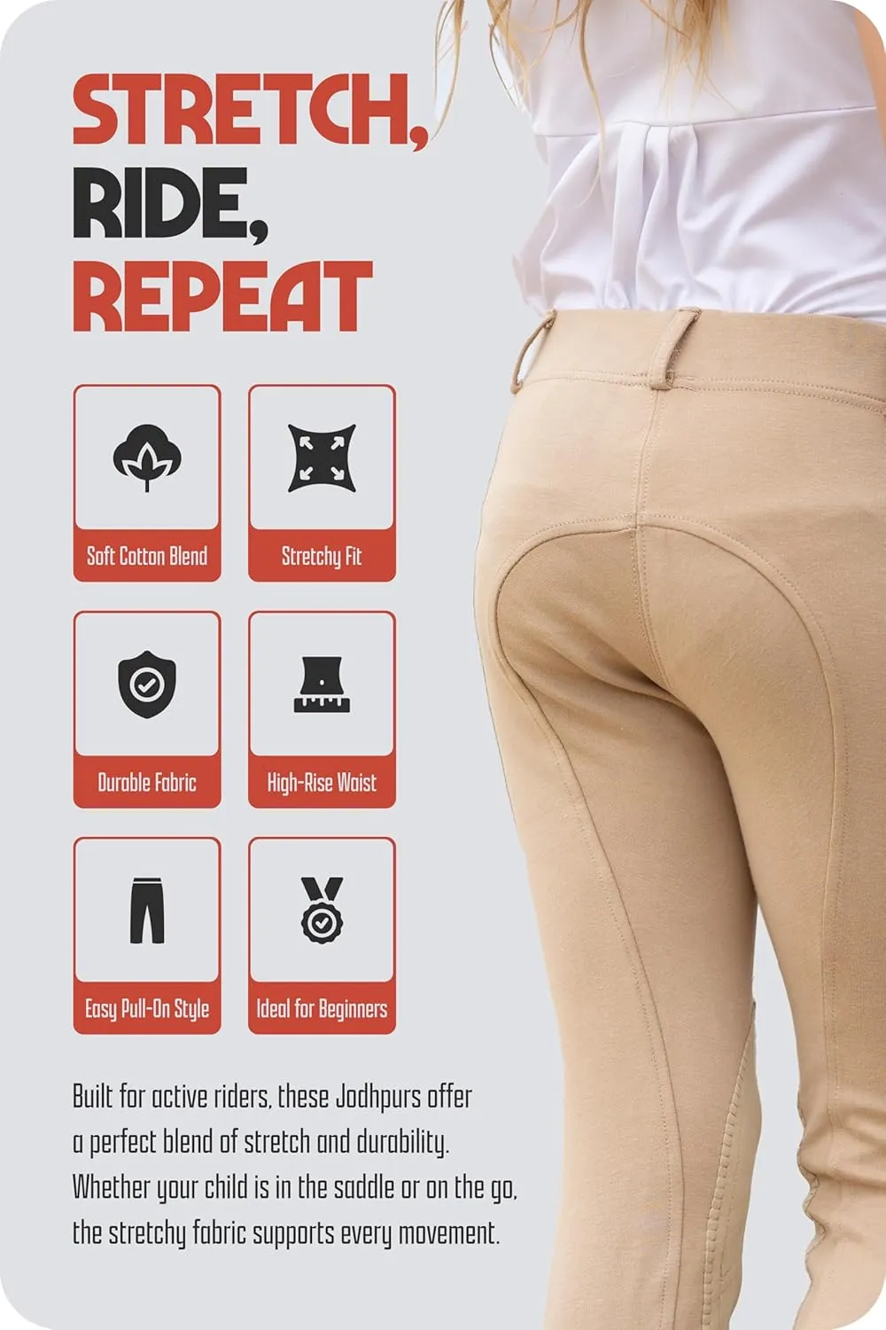 HORZE Nora Girls Riding Pants with Leather Knee Patch | Kids Equestrian Girls Jodhpurs Breeches | Size Chart in Images