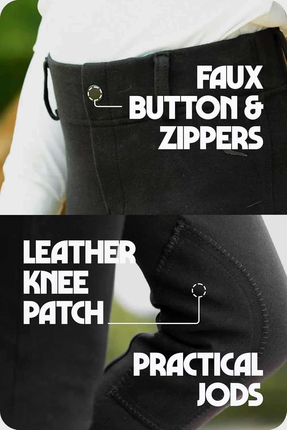 HORZE Nora Girls Riding Pants with Leather Knee Patch | Kids Equestrian Girls Jodhpurs Breeches | Size Chart in Images