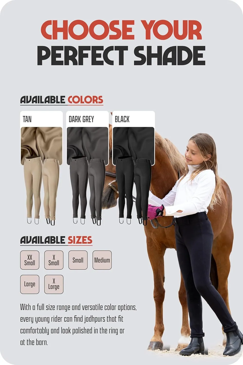 HORZE Nora Girls Riding Pants with Leather Knee Patch | Kids Equestrian Girls Jodhpurs Breeches | Size Chart in Images