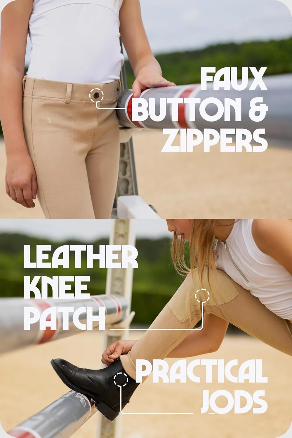 HORZE Nora Girls Riding Pants with Leather Knee Patch | Kids Equestrian Girls Jodhpurs Breeches | Size Chart in Images