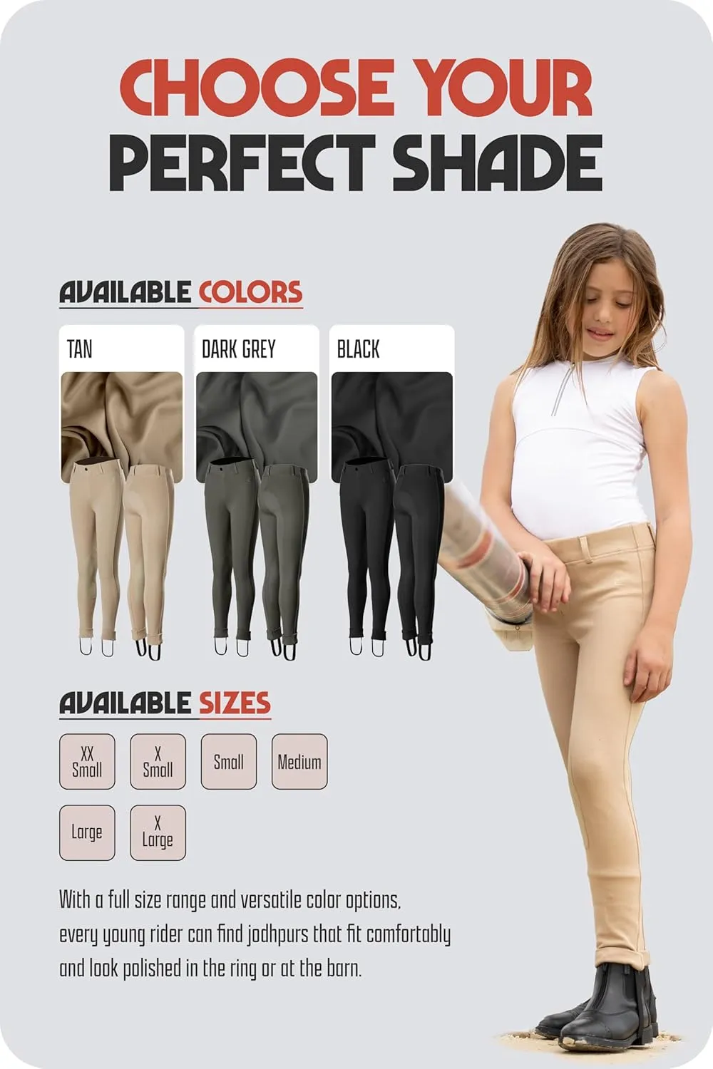HORZE Nora Girls Riding Pants with Leather Knee Patch | Kids Equestrian Girls Jodhpurs Breeches | Size Chart in Images