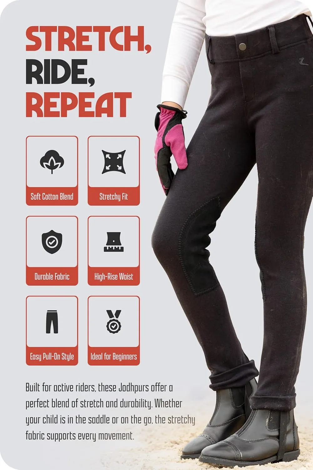 HORZE Nora Girls Riding Pants with Leather Knee Patch | Kids Equestrian Girls Jodhpurs Breeches | Size Chart in Images