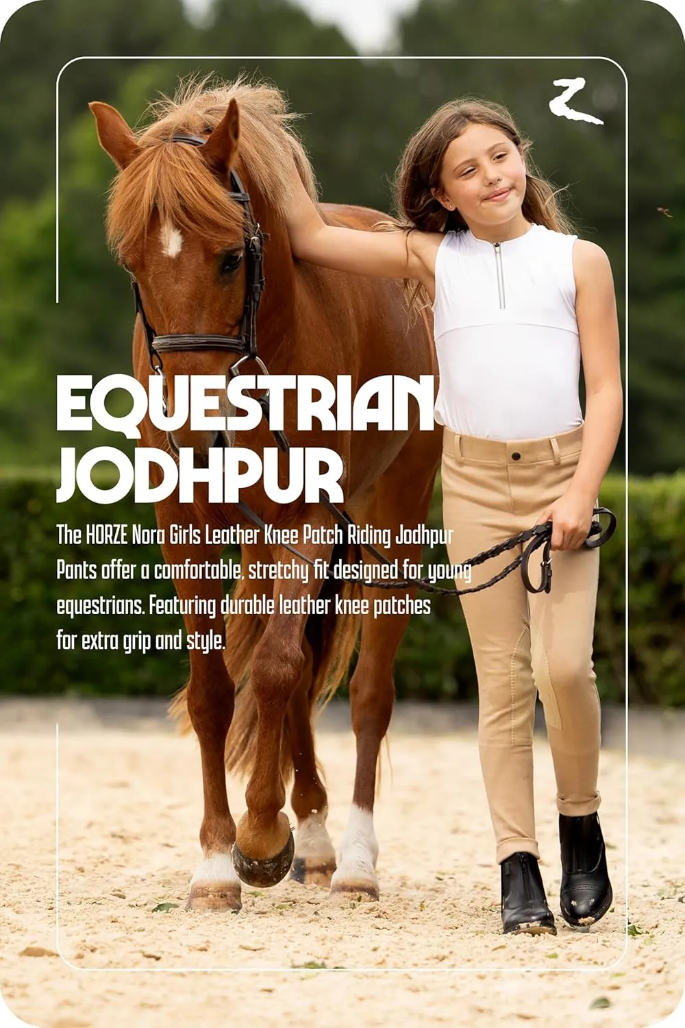 HORZE Nora Girls Riding Pants with Leather Knee Patch | Kids Equestrian Girls Jodhpurs Breeches | Size Chart in Images