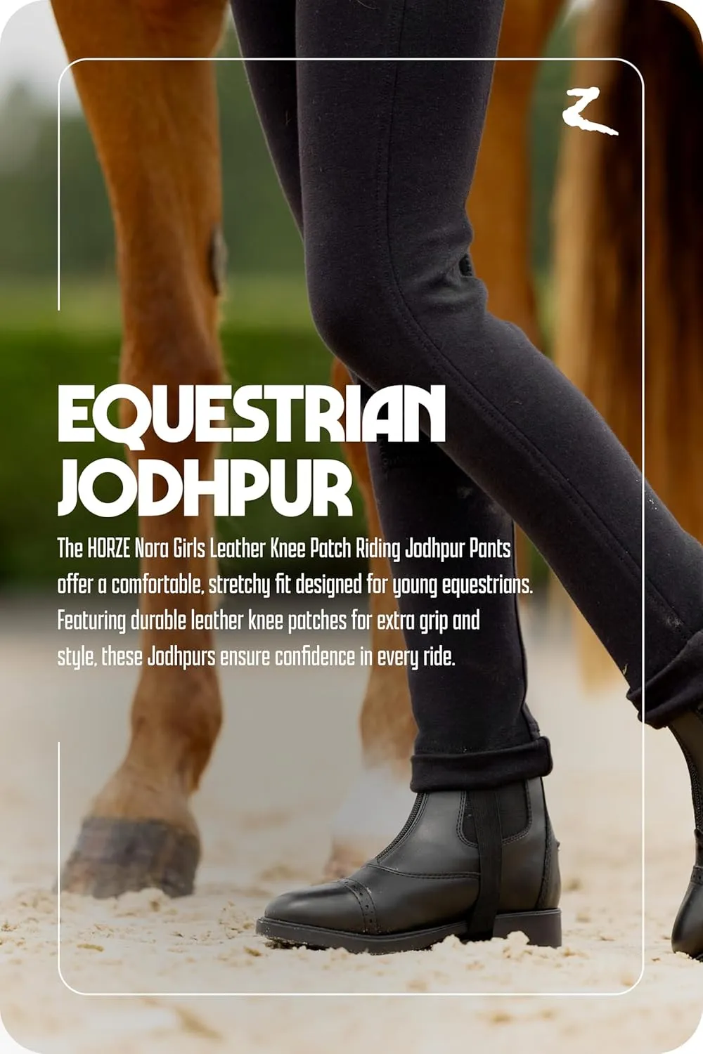 HORZE Nora Girls Riding Pants with Leather Knee Patch | Kids Equestrian Girls Jodhpurs Breeches | Size Chart in Images