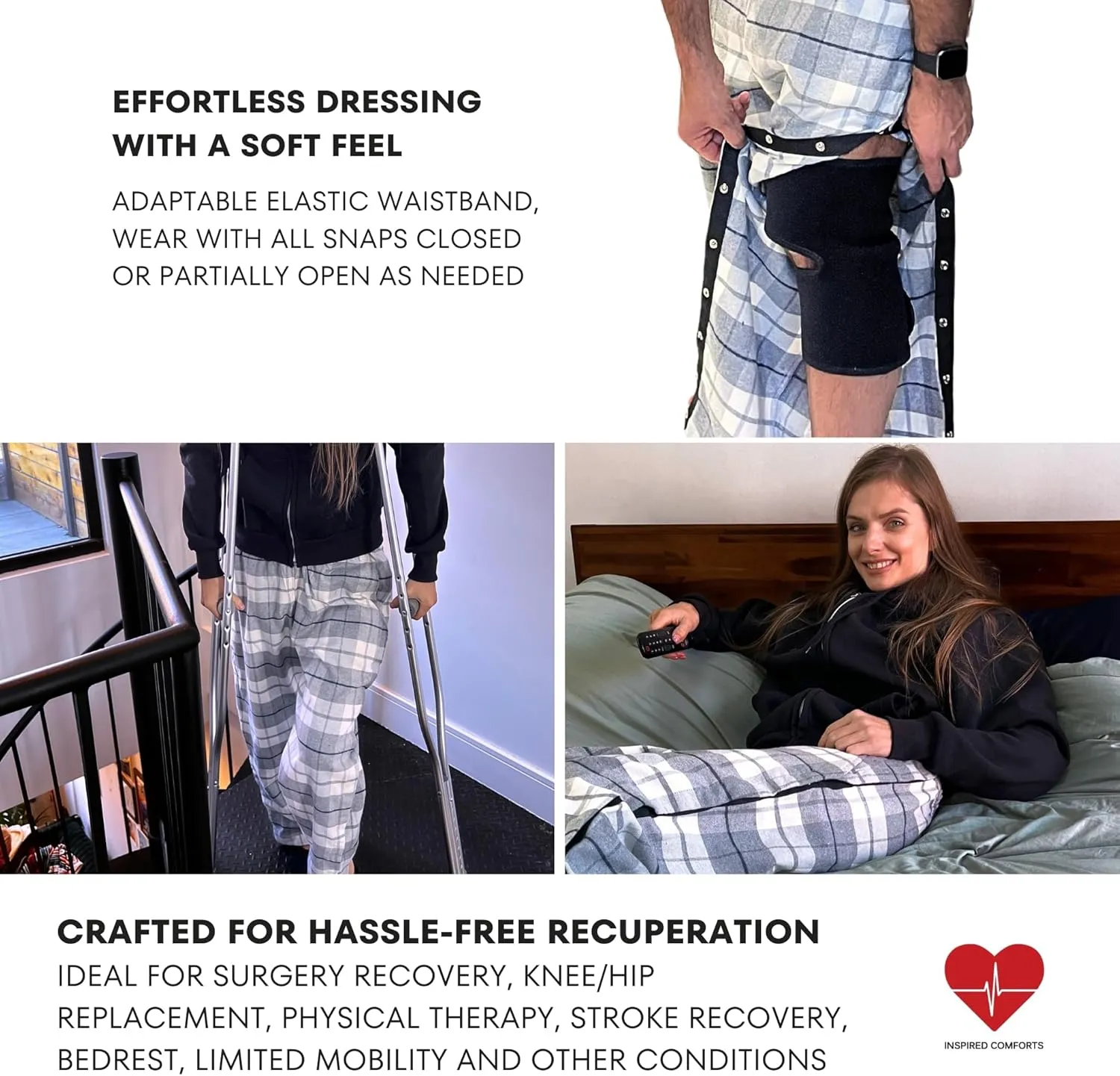 Inspired Comforts Unisex Tearaway Post Surgery Recovery Pajama Pants with Side Snaps & Pockets