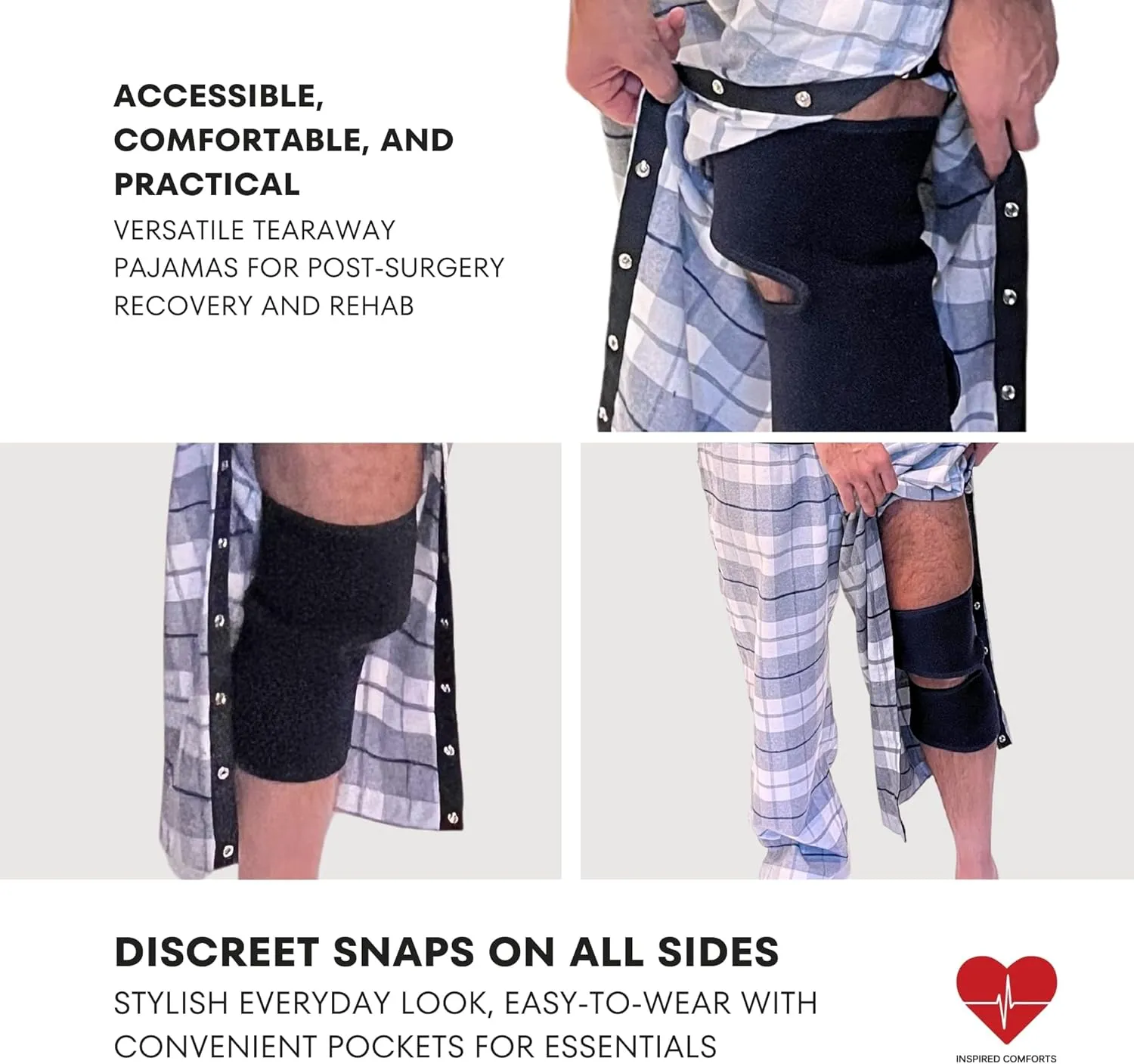 Inspired Comforts Unisex Tearaway Post Surgery Recovery Pajama Pants with Side Snaps & Pockets