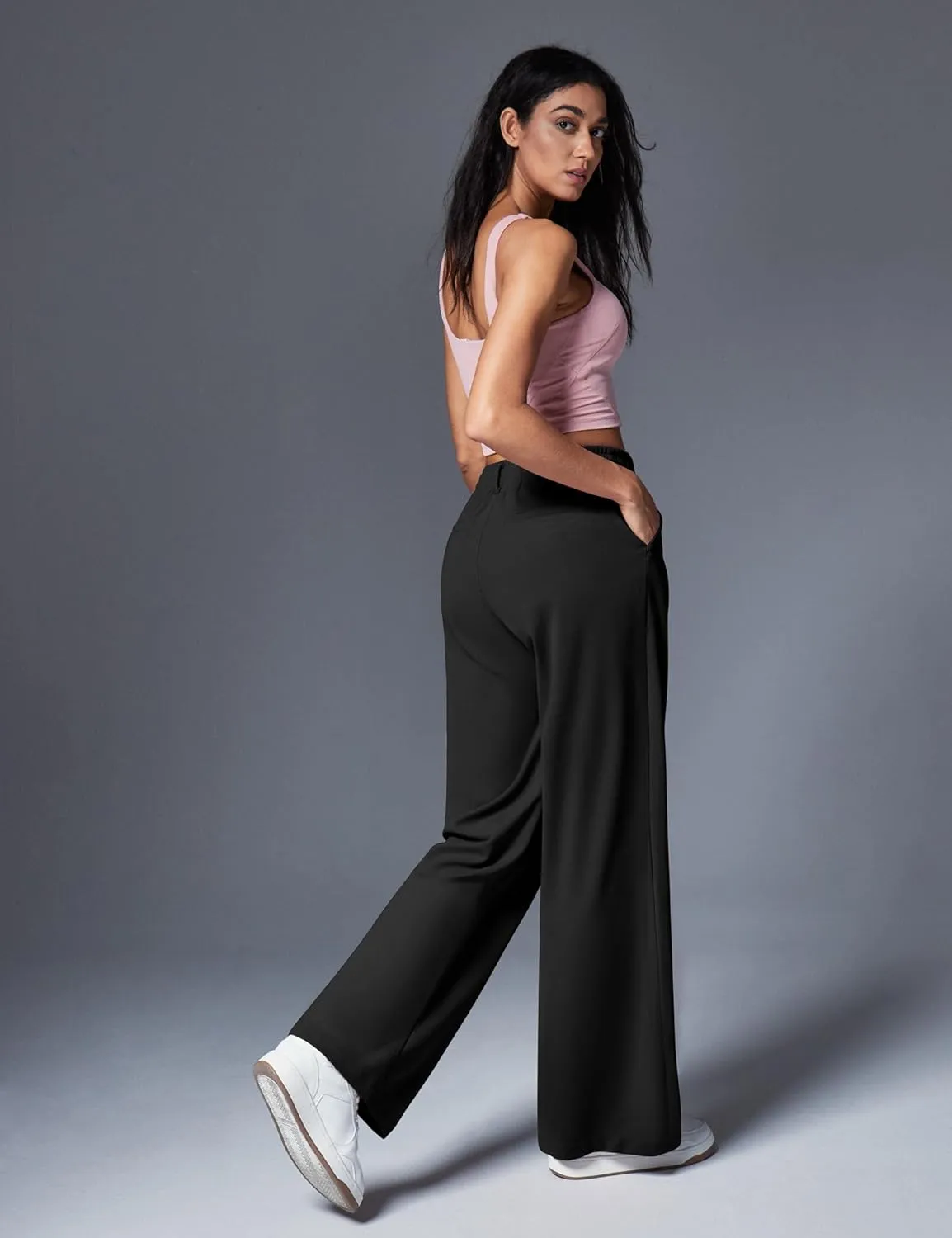 IUGA Wide Leg Pants Woman Pull on Stretchy Work Dress Pants High Waisted Business Casual Trousers Slacks 26''/28''