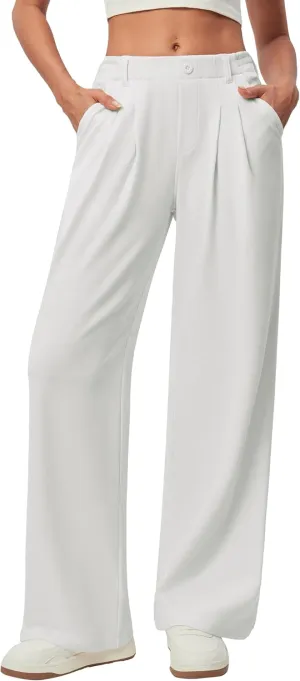 IUGA Wide Leg Pants Woman Pull on Stretchy Work Dress Pants High Waisted Business Casual Trousers Slacks 26''/28''