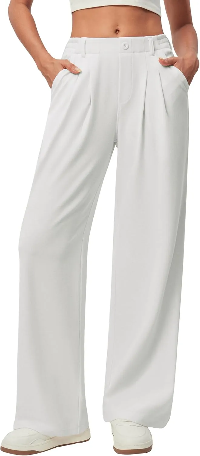 IUGA Wide Leg Pants Woman Pull on Stretchy Work Dress Pants High Waisted Business Casual Trousers Slacks 26''/28''