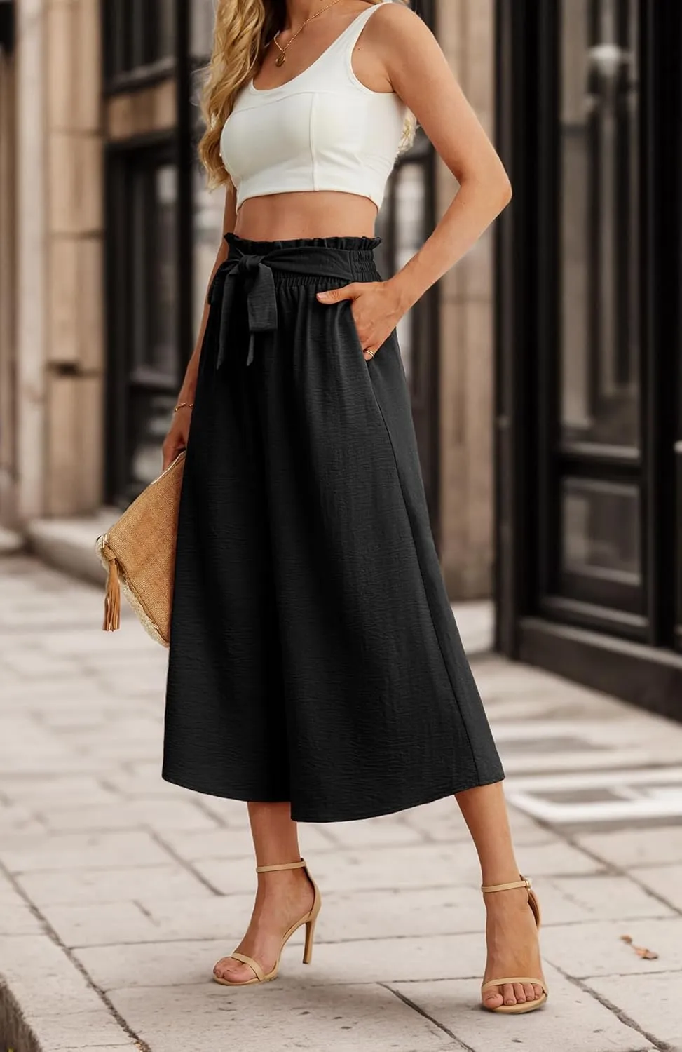 IWOLLENCE Women Flowy Loose Wide Leg Pant Summer Beach Casual Trousers high Waist Adjustable Knot Business Work Casual Pants