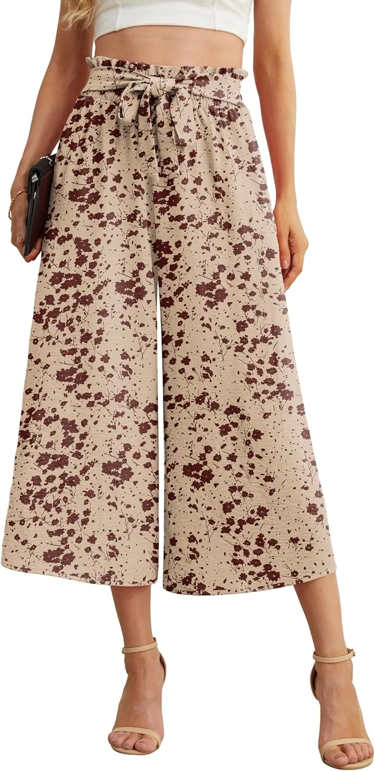IWOLLENCE Women Flowy Loose Wide Leg Pant Summer Beach Casual Trousers high Waist Adjustable Knot Business Work Casual Pants